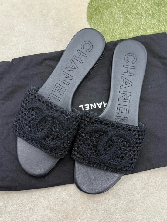 CHANEL Shoes - CHANEL Black Crochet Slide Sandals with CC Emblem
